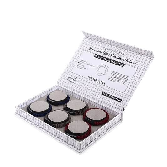 Skinny Silk Scrunchies Set - 6 pcs-Navy Blue,Dark Grey,Burgundy