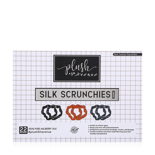 Skinny Silk Scrunchies Set – 6 pcs – Black, Caramel , Peacock Blue