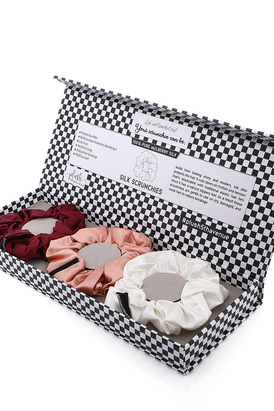 Large Silk Scrunchies Set - 3 pcs - Maroon,Caramel,and Ivory - Joe's Labs