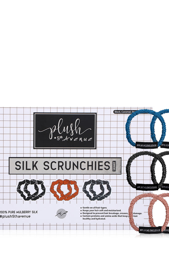 Skinny Silk Scrunchies Set – 6 pcs – Black, Caramel , Peacock Blue - Joe's Labs