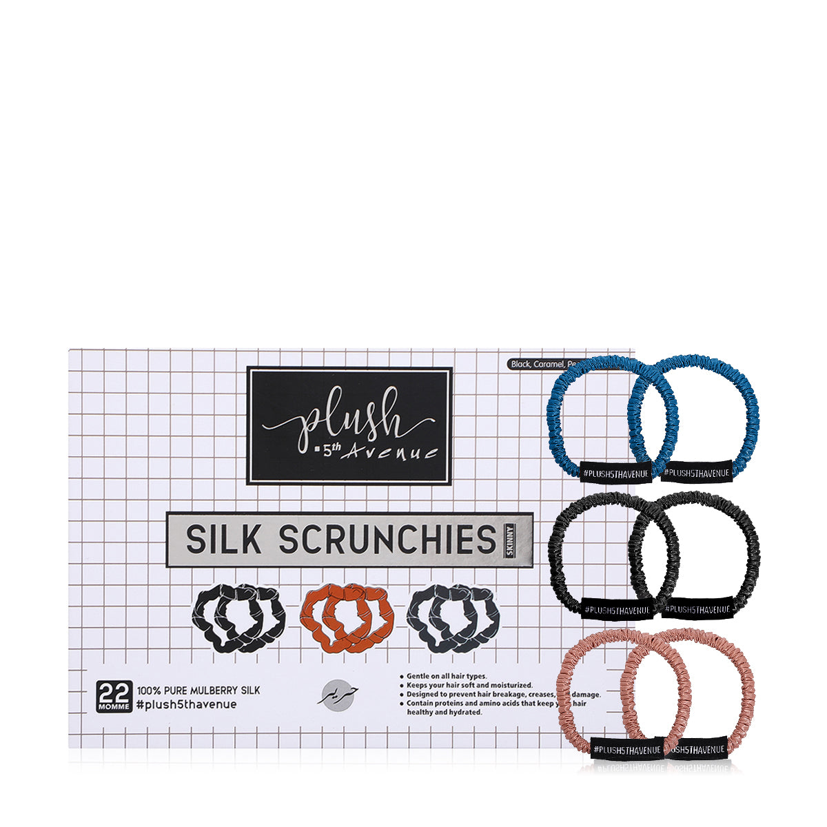Skinny Silk Scrunchies Set – 6 pcs – Black, Caramel , Peacock Blue - Joe's Labs