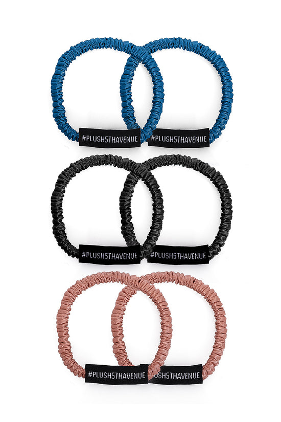 Skinny Silk Scrunchies Set – 6 pcs – Black, Caramel , Peacock Blue - Joe's Labs