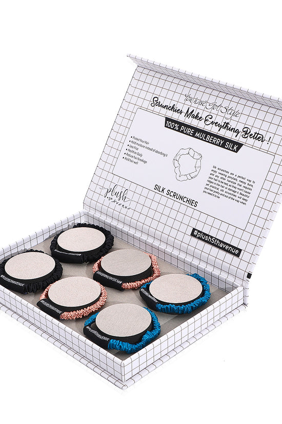 Skinny Silk Scrunchies Set – 6 pcs – Black, Caramel , Peacock Blue - Joe's Labs