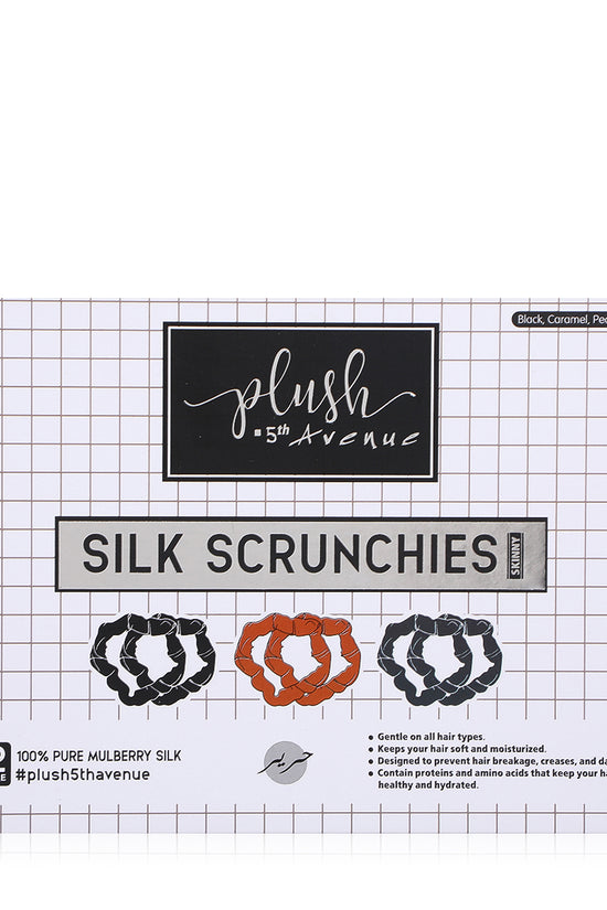 Skinny Silk Scrunchies Set – 6 pcs – Black, Caramel , Peacock Blue - Joe's Labs