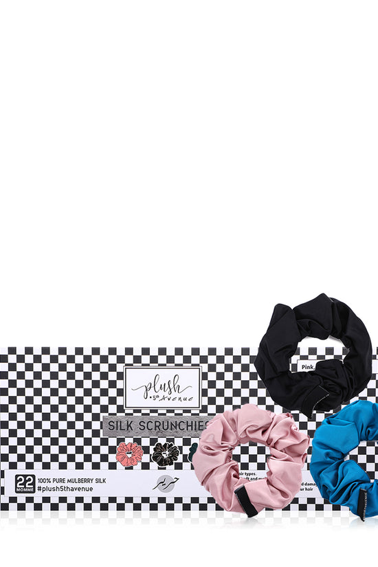 Large Silk Scrunchies Set - 3 pcs-Pink,Black,and Peacock Blue - Joe's Labs
