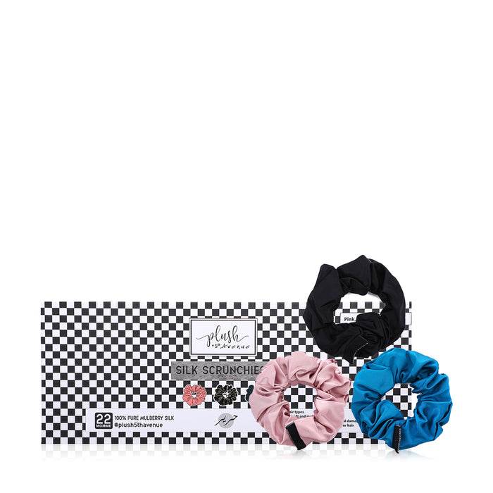 Large Silk Scrunchies Set - 3 pcs-Pink,Black,and Peacock Blue - Joe's Labs