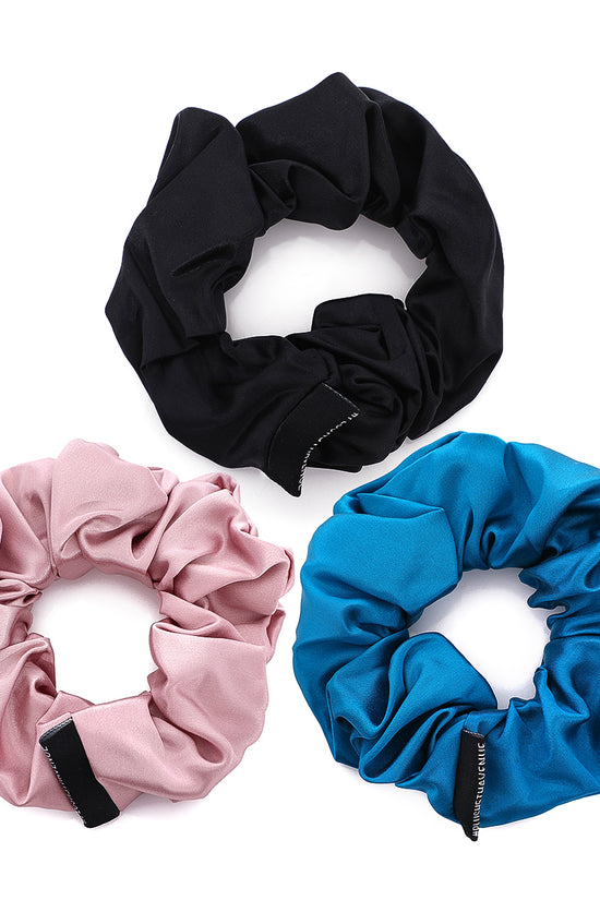 Large Silk Scrunchies Set - 3 pcs-Pink,Black,and Peacock Blue - Joe's Labs