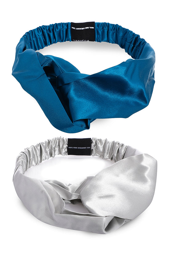 Silk Hairband Set - 2 pcs - Peacock Blue & Silver Grey - Joe's Labs