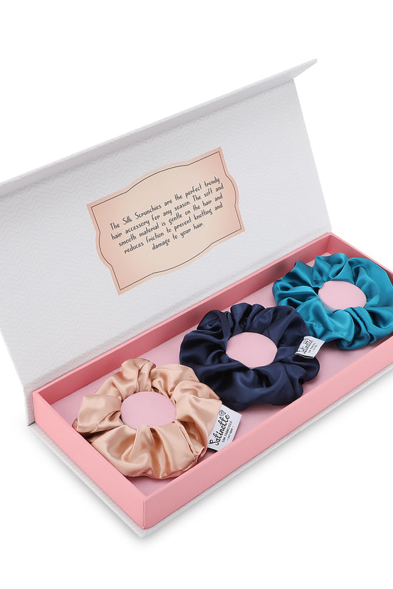 Silk Scrunchies 3 Pc - Navy Blue, Caramel, Blue 16 Mm - Joe's Labs
